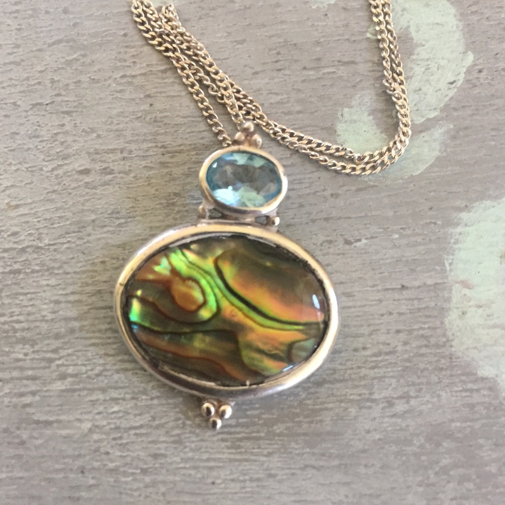 Rare vintage stamped 925 abalone /topaz necklace